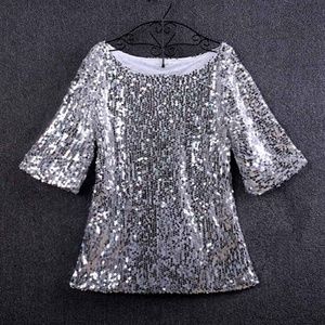 Half Sleeve Slash Sequins Mesh Top